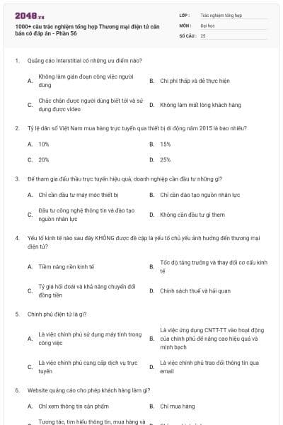 1000+ câu trắc nghiệm tổng hợp Thương mại điện tử căn bản có đáp án - Phần 56