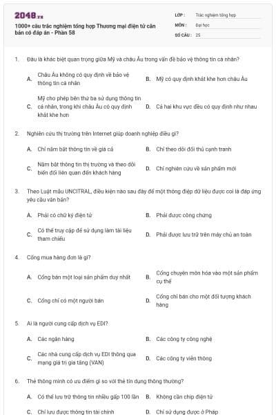 1000+ câu trắc nghiệm tổng hợp Thương mại điện tử căn bản có đáp án - Phần 58