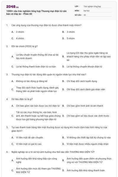 1000+ câu trắc nghiệm tổng hợp Thương mại điện tử căn bản có đáp án - Phần 60