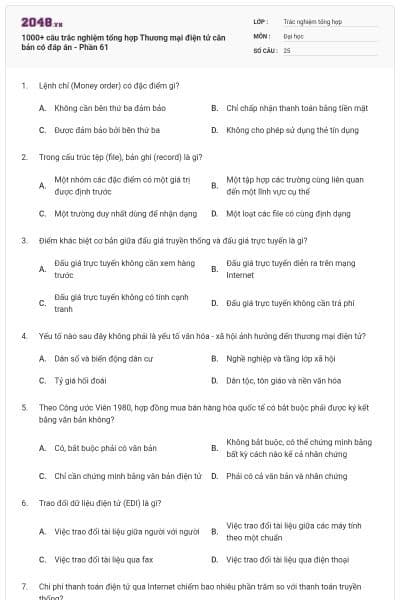 1000+ câu trắc nghiệm tổng hợp Thương mại điện tử căn bản có đáp án - Phần 61