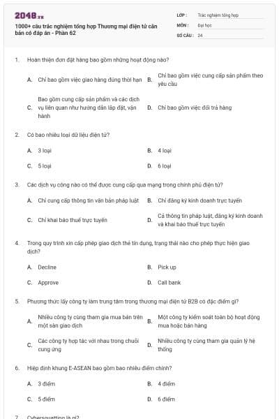1000+ câu trắc nghiệm tổng hợp Thương mại điện tử căn bản có đáp án - Phần 62
