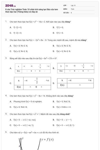 8 câu Trắc nghiệm Toán 10 chân trời sáng tạo Dấu của tam thức bậc hai (Thông hiểu) có đáp án
