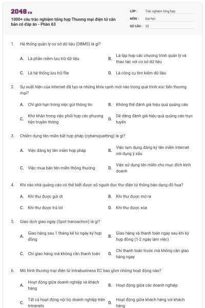 1000+ câu trắc nghiệm tổng hợp Thương mại điện tử căn bản có đáp án - Phần 63
