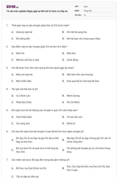 16 câu trắc nghiệm Ngày gặp lại Kết nối tri thức có đáp án