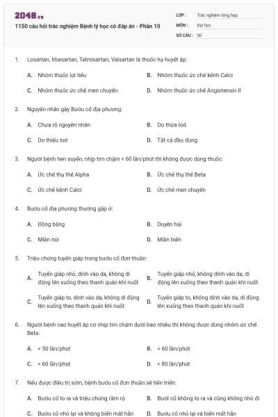 1150 câu hỏi trắc nghiệm Bệnh lý học có đáp án - Phần 10