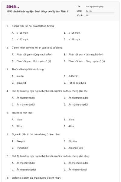1150 câu hỏi trắc nghiệm Bệnh lý học có đáp án - Phần 11