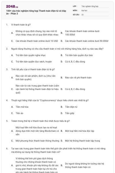 100+ câu trắc nghiệm tổng hợp Thanh toán điện tử có đáp án - Phần 3