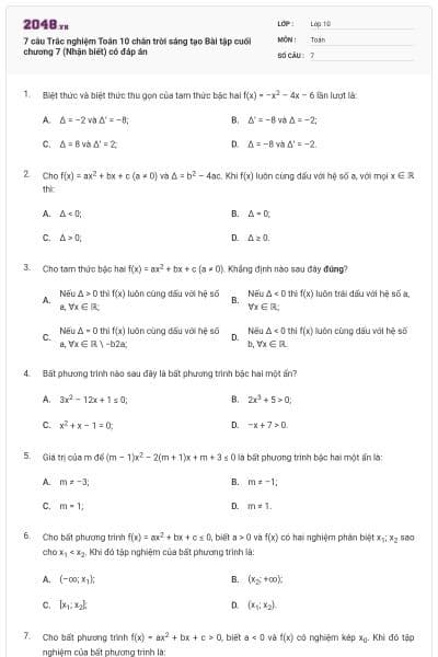 7 câu Trắc nghiệm Toán 10 chân trời sáng tạo Bài tập cuối chương 7 (Nhận biết) có đáp án
