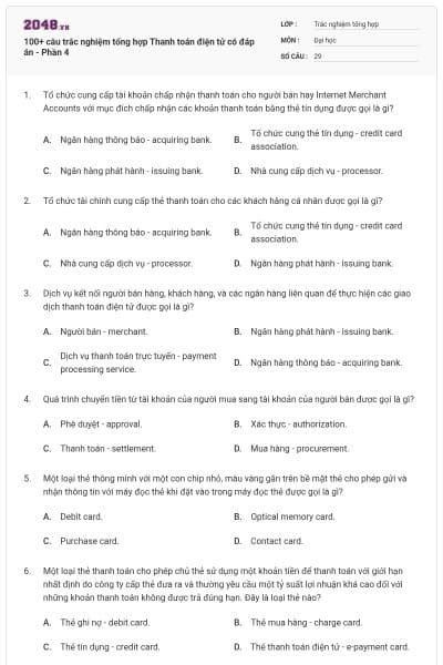 100+ câu trắc nghiệm tổng hợp Thanh toán điện tử có đáp án - Phần 4
