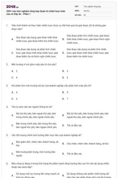 300+ câu trắc nghiệm tổng hợp Quản trị chiến lược toàn cầu có đáp án - Phần 1