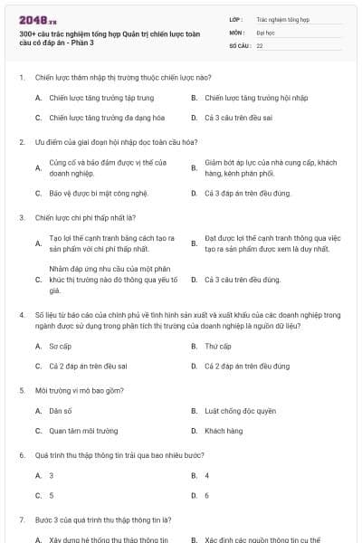 300+ câu trắc nghiệm tổng hợp Quản trị chiến lược toàn cầu có đáp án - Phần 3