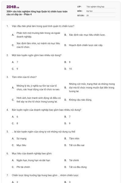 300+ câu trắc nghiệm tổng hợp Quản trị chiến lược toàn cầu có đáp án - Phần 4