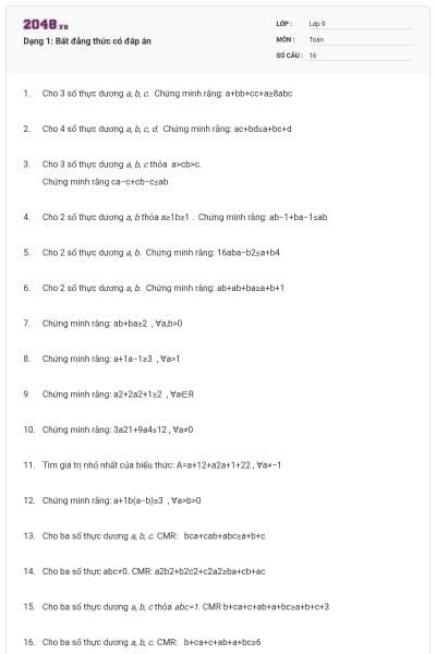 Dạng 1: Bất đẳng thức có đáp án