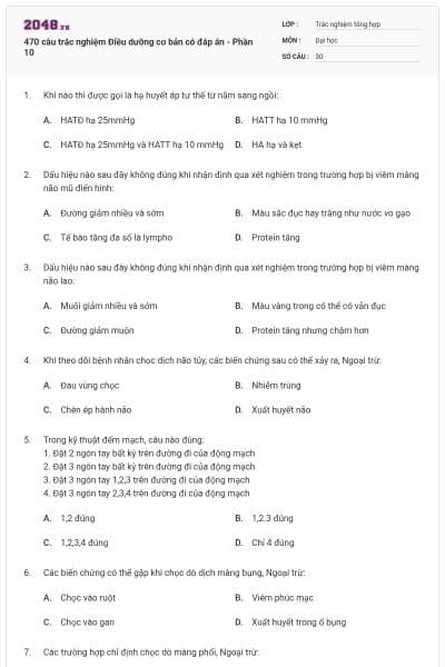 470 câu trắc nghiệm Điều dưỡng cơ bản có đáp án - Phần 10