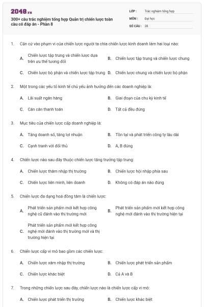 300+ câu trắc nghiệm tổng hợp Quản trị chiến lược toàn cầu có đáp án - Phần 8