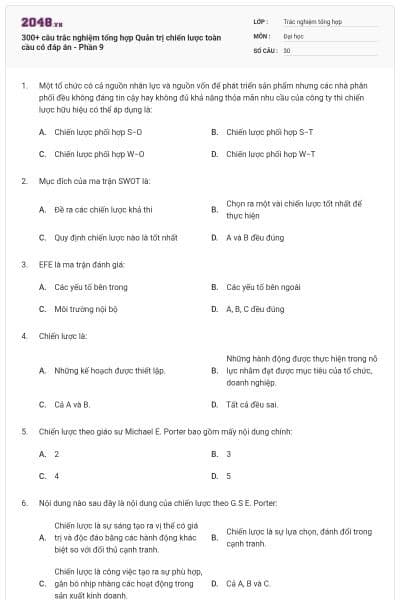 300+ câu trắc nghiệm tổng hợp Quản trị chiến lược toàn cầu có đáp án - Phần 9