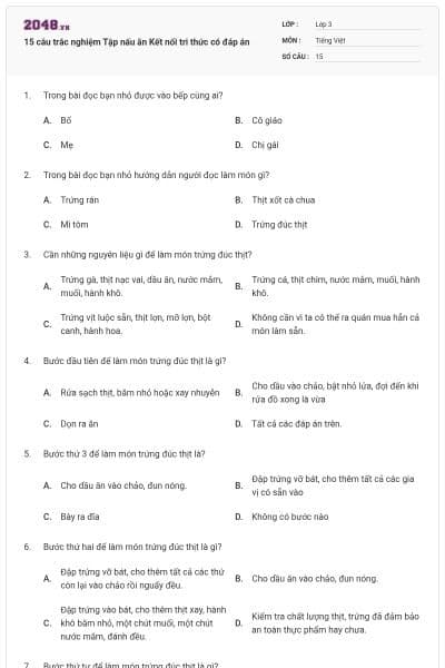 15 câu trắc nghiệm Tập nấu ăn Kết nối tri thức có đáp án