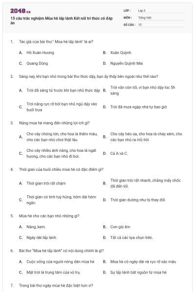 15 câu trắc nghiệm Mùa hè lấp lánh Kết nối tri thức có đáp án