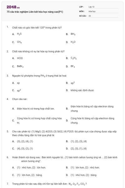 75 câu trắc nghiệm Liên kết hóa học nâng cao(P1)