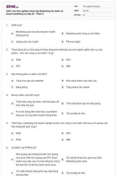 300+ câu trắc nghiệm tổng hợp Marketing tìm kiếm và Email marketing có đáp án - Phần 5