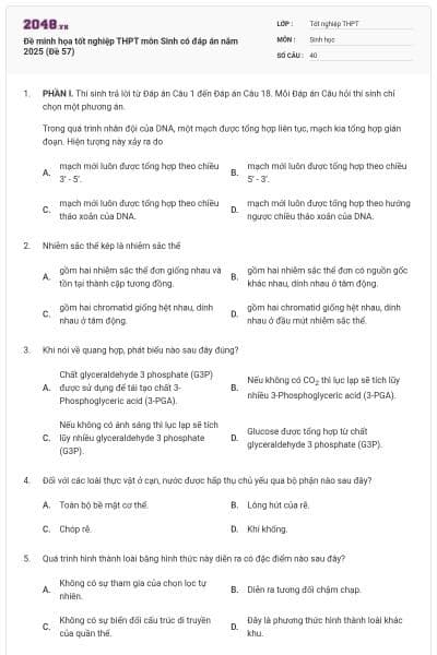Đề minh họa tốt nghiệp THPT môn Sinh có đáp án năm 2025 (Đề 57)