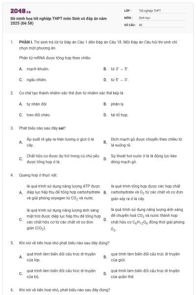 Đề minh họa tốt nghiệp THPT môn Sinh có đáp án năm 2025 (Đề 58)