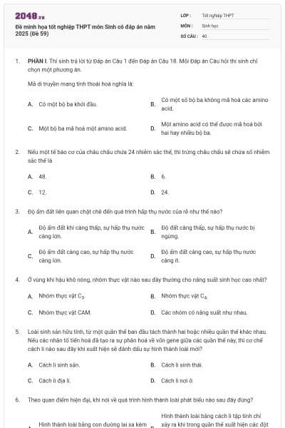 Đề minh họa tốt nghiệp THPT môn Sinh có đáp án năm 2025 (Đề 59)