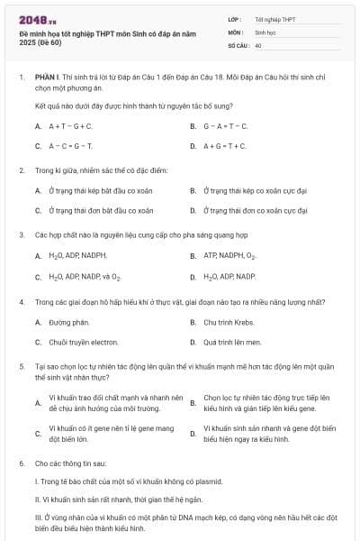 Đề minh họa tốt nghiệp THPT môn Sinh có đáp án năm 2025 (Đề 60)