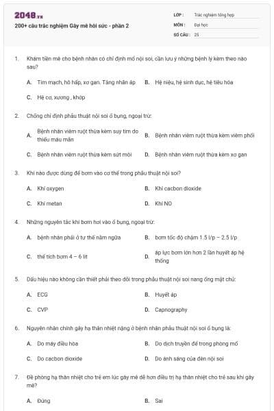 200+ câu trắc nghiệm Gây mê hôi sức - phần 2