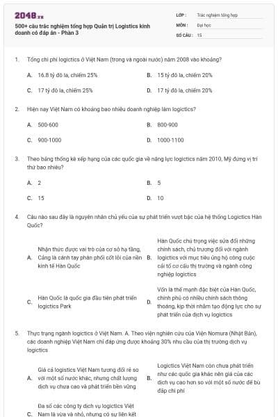 500+ câu trắc nghiệm tổng hợp Quản trị Logistics kinh doanh có đáp án - Phần 3