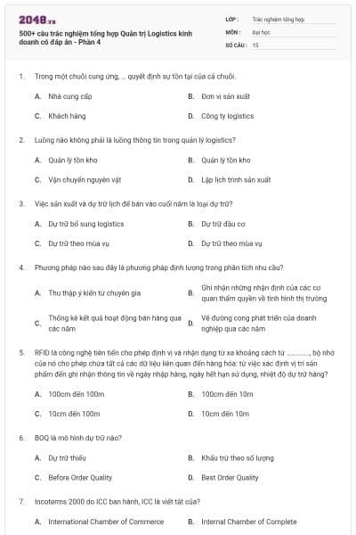 500+ câu trắc nghiệm tổng hợp Quản trị Logistics kinh doanh có đáp án - Phần 4