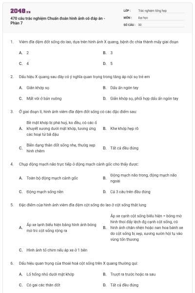 470 câu trắc nghiệm Chuẩn đoán hình ảnh có đáp án - Phần 7