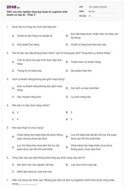 500+ câu trắc nghiệm tổng hợp Quản trị Logistics kinh doanh có đáp án - Phần 5