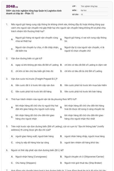 500+ câu trắc nghiệm tổng hợp Quản trị Logistics kinh doanh có đáp án - Phần 15