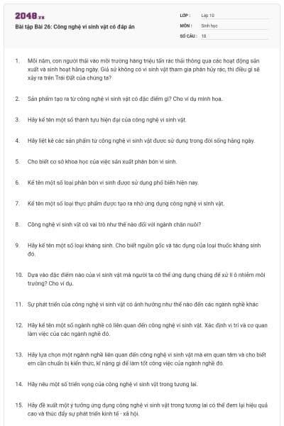 Bài tập Bài 26: Công nghệ vi sinh vật có đáp án