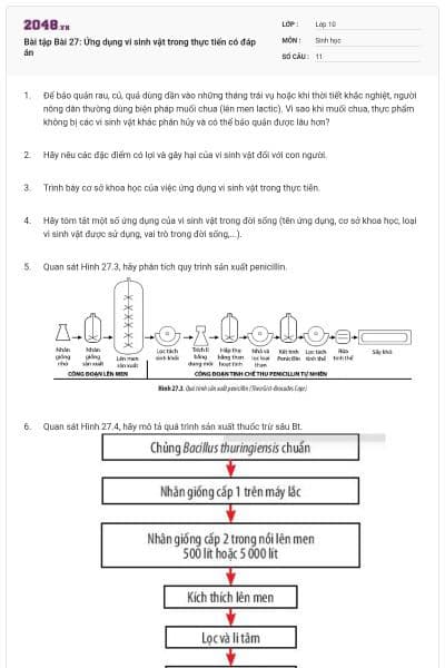 Bài tập Bài 27: Ứng dụng vi sinh vật trong thực tiến có đáp án