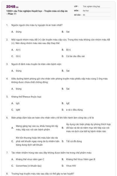 1000+ câu Trắc nghiệm Huyết học - Truyền máu có đáp án - Phần 11