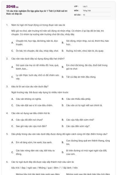 10 câu trắc nghiệm Ôn tập giữa học kì 1 Tiết 3,4 Kết nối tri thức có đáp án