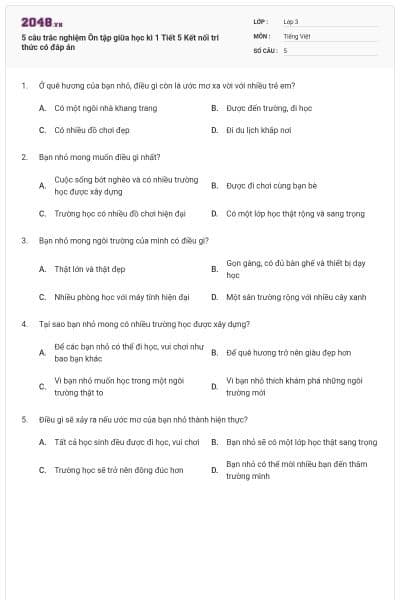 5 câu trắc nghiệm Ôn tập giữa học kì 1 Tiết 5 Kết nối tri thức có đáp án