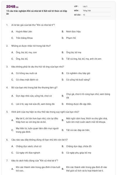 15 câu trắc nghiệm Khi cả nhà bé tí Kết nối tri thức có đáp án