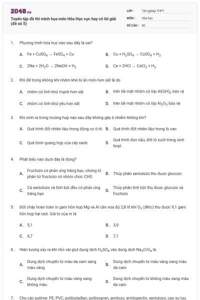 Tuyển tập đề thi minh họa môn Hóa Học cực hay có lời giải (đề số 5)