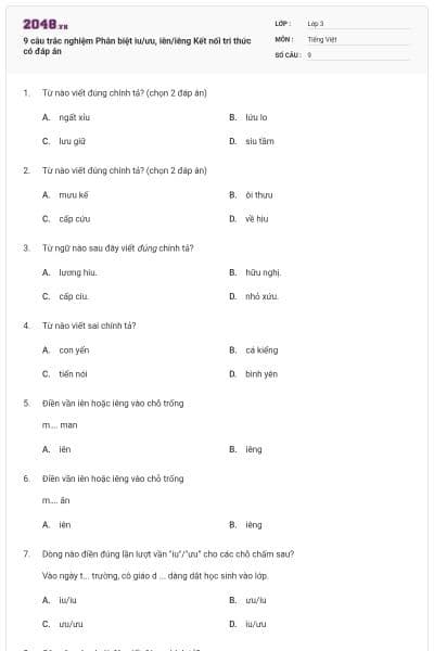9 câu trắc nghiệm Phân biệt iu/ưu, iên/iêng Kết nối tri thức có đáp án