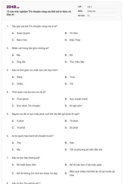 15 câu trắc nghiệm Trò chuyện cùng mẹ Kết nối tri thức có đáp án