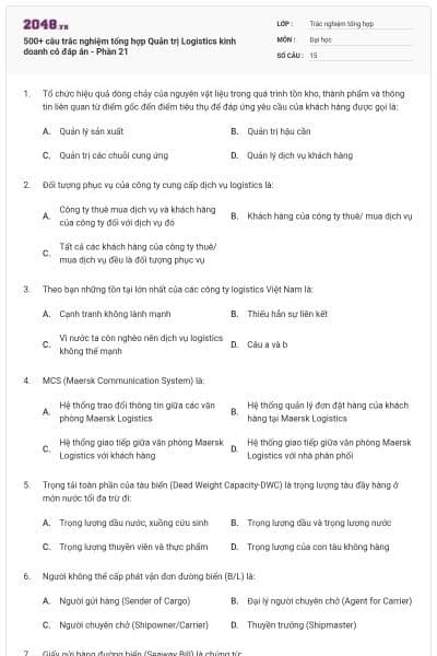 500+ câu trắc nghiệm tổng hợp Quản trị Logistics kinh doanh có đáp án - Phần 21