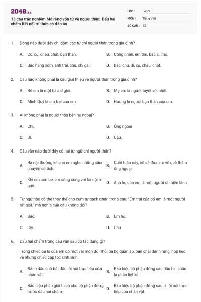 13 câu trắc nghiệm Mở rộng vốn từ về người thân; Dấu hai chấm Kết nối tri thức có đáp án