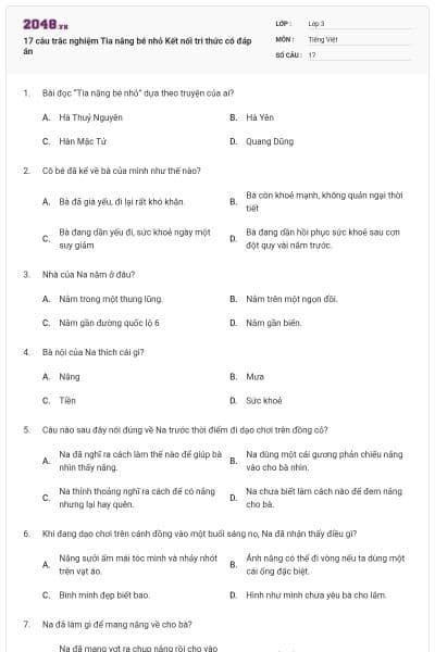 17 câu trắc nghiệm Tia nắng bé nhỏ Kết nối tri thức có đáp án