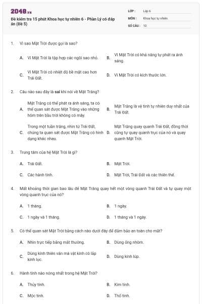 Đề kiểm tra 15 phút Khoa học tự nhiên 6 - Phần Lý có đáp án (Đề 5)