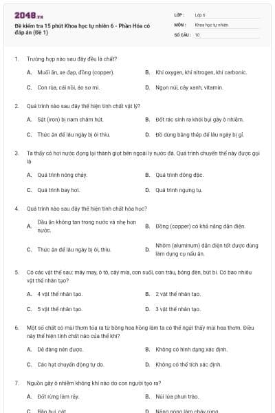 Đề kiểm tra 15 phút Khoa học tự nhiên 6 - Phần Hóa có đáp án (Đề 1)