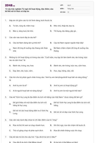 12 câu trắc nghiệm Từ ngữ chỉ hoạt động, đặc điểm; câu kể Kết nối tri thức có đáp án