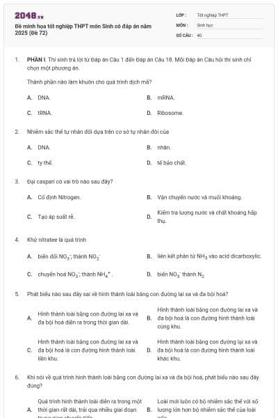 Đề minh họa tốt nghiệp THPT môn Sinh có đáp án năm 2025 (Đề 72)